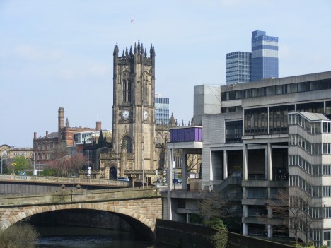 Manchester Cathedral from Blackfriars Bridge, UK