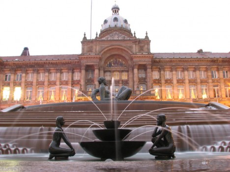 Victoria Square, Birmingham at dusk, showing the Council House, UK