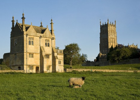 The East Banqueting House at Old Campden House and St. James Church (a Wool Church), Chipping Campden in the Cotswolds, UK