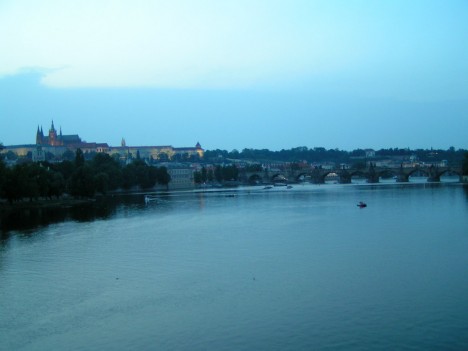 Prague Castle and Charles bridge from Bridge of the Legions in dusk