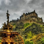 Edinburgh fontain and castle, Scotland, UK
