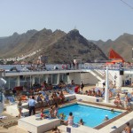 Enjoying pool on the cruise ship with Tenerife in the background